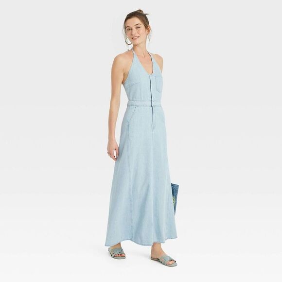 NWT Women's Halter Neck Denim Maxi Dress - Picture 3 of 3